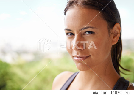 Smile, fitness and portrait of woman in nature for health, wellness and body workout outdoor. Happy, sports and face of female person from Mexico in park or garden for exercise training routine. 140701162
