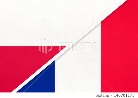 Poland and France national flags on fabric background, international partnership and cooperation between two countries 140701173