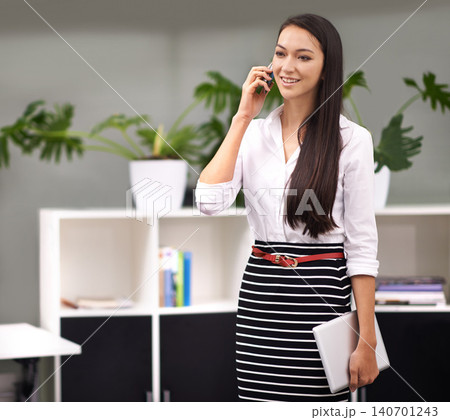 Phone call, smile and tablet with business woman in corporate office for communication or networking. Company, planning and technology with happy young employee talking on mobile in workplace 140701243