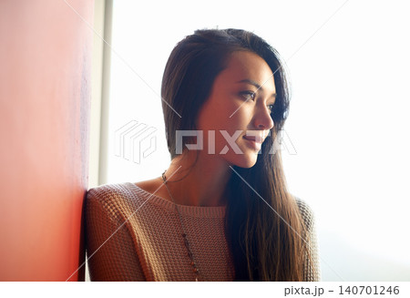 Wall, professional and woman with smile, thinking and relax with daydreaming, outdoor and happiness. Confident, Asian girl and female person wondering of idea with concentration with style in China Wall, professional and woman with smile, thinking and relax with daydreaming, outdoor and happiness. Confident, Asian girl and female person wondering of idea with concentration with style in China 140701246