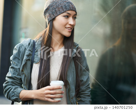 Woman, fashion and window with city, coffee and urban street or background for style. Female student, beanie and jacket in cape town with winter, cold and travel with morning commute for confidence Woman, fashion and window with city, coffee and urban street or background for style. Female student, beanie and jacket in cape town with winter, cold and travel with morning commute for confidence 140701250