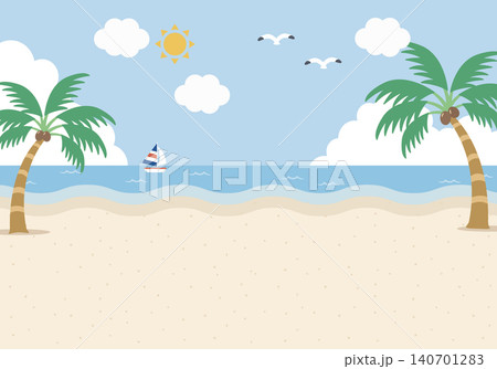 【ベクター】青い海と砂浜の夏風景イラスト　南国ビーチの背景素材（横長） 140701283