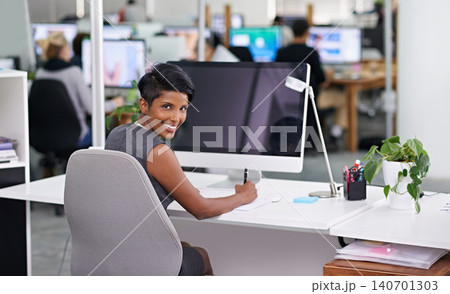 Computer screen, portrait and happy business woman writing in office with mockup for web design, planning or research. Pc, face or lady designer online for creative idea inspiration, faq or IT 140701303