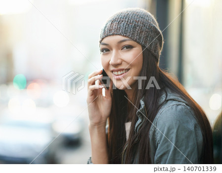 Phone call, happy and portrait of woman in city for urban culture with mobile, modern vacation and travel. Female person, smartphone and conversation for connection, side walk and New York for tour Phone call, happy and portrait of woman in city for urban culture with mobile, modern vacation and travel. Female person, smartphone and conversation for connection, side walk and New York for tour 140701339
