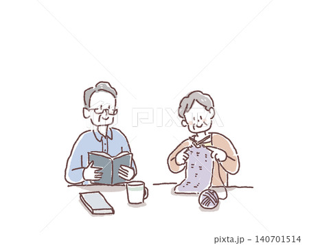 編み物と読書を楽しむ高齢夫婦 編み物と読書を楽しむ高齢夫婦 140701514