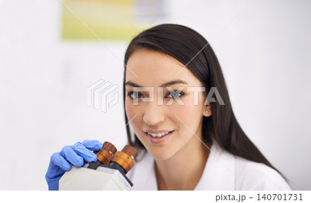 Woman, portrait and laboratory with microscope for research for medical breakthrough, future or innovation. Female person, equipment and dna examination for investigation test, chemistry or virus Woman, portrait and laboratory with microscope for research for medical breakthrough, future or innovation. Female person, equipment and dna examination for investigation test, chemistry or virus 140701731