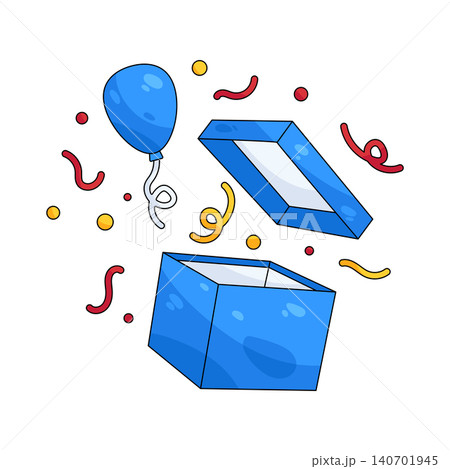 Illustration of open gift box with balloons and confetti 140701945