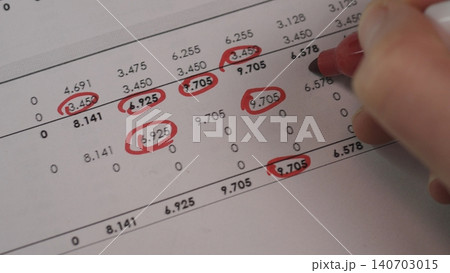 CloseUp Hand Circling Numbers On Spreadsheet, Red Ink Highlighting Errors, Pen Poised, Focused Accountant Reviewing Rows Of Figures, Calculator And Desk Edge Visible, Atmosphere Meticulous CloseUp Hand Circling Numbers On Spreadsheet, Red Ink Highlighting Errors, Pen Poised, Focused Accountant Reviewing Rows Of Figures, Calculator And Desk Edge Visible, Atmosphere Meticulous 140703015
