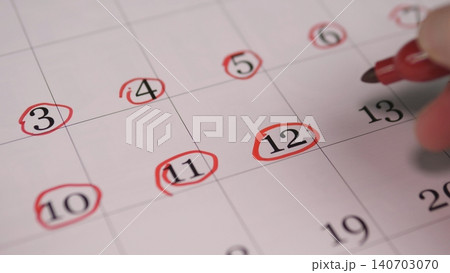 Hand Circling Consecutive Dates On Calendar To Mark Recurring Sessions, CloseUp Rows Of Red Rings, Planning For Workshop Series Or Course Schedule, Organized And Methodical Tone Hand Circling Consecutive Dates On Calendar To Mark Recurring Sessions, CloseUp Rows Of Red Rings, Planning For Workshop Series Or Course Schedule, Organized And Methodical Tone 140703070