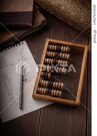 Antique, small wooden abacus and paper Antique, small wooden abacus and paper 140703400