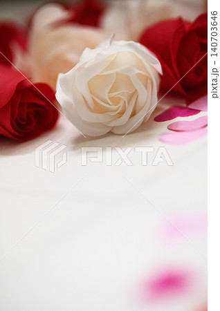 Romantic roses and heart confetti on white background with copy space Romantic roses and heart confetti on white background with copy space 140703646