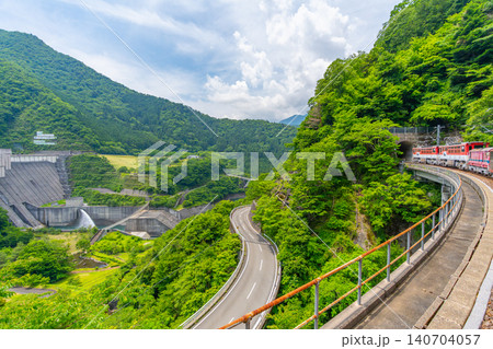 渓谷をゆっくりと走る日本で唯一のアプト式列車 井川線 絶景 車窓 渓谷をゆっくりと走る日本で唯一のアプト式列車 井川線 絶景 車窓 140704057