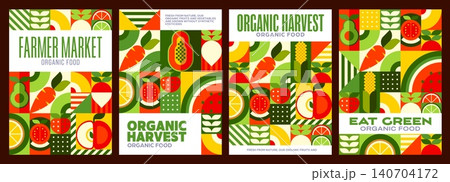 Fresh organic fruits and vegetables posters with geometric pattern. Abstract background of farm food mosaic with lemon, apple, watermelon and strawberry fruit, wheat, carrot or tomato vegetable shapes 140704172