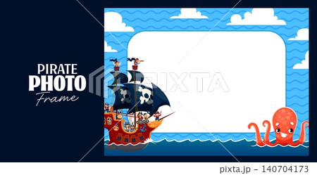 Kids photo frame with pirate sail ship and angry kraken octopus . Cartoon pirate sail ship with jolly roger and crew characters on ocean waves. Fun photo border and birthday party photobooth 140704173