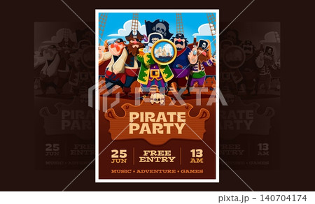 Caribbean pirates and corsair night party flyer with pirate crew stands on ship deck, captain holding spyglass with sailing ship reflected in the lens, skull flag and wood sign announcing pirate party 140704174
