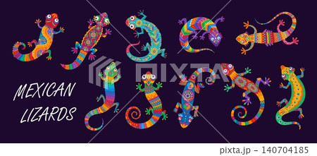 Mexican lizard reptile characters. Cartoon funny gecko lizards with vibrant color floral and geometric patterns. Traditional mexican folk art talavera animal mascots decorated with bright flowers Mexican lizard reptile characters. Cartoon funny gecko lizards with vibrant color floral and geometric patterns. Traditional mexican folk art talavera animal mascots decorated with bright flowers 140704185
