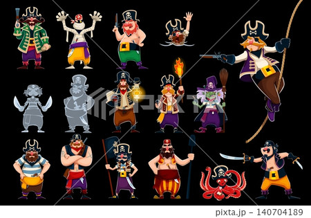 Cartoon corsair and pirate sailors, gunner, captain and boatswain, ghost skipper and mummy characters. Funny pirate ship crew vector characters with black hats, patches and skull flag, guns and swords 140704189