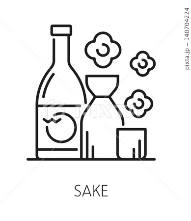 Japan sake bottle, Japanese travel line icon or symbol. Asian country journey lineart icon, Japan tour vector sign. Japanese travel symbol with sake alcohol drink or wine bobble, sakura flowers Japan sake bottle, Japanese travel line icon or symbol. Asian country journey lineart icon, Japan tour vector sign. Japanese travel symbol with sake alcohol drink or wine bobble, sakura flowers 140704224