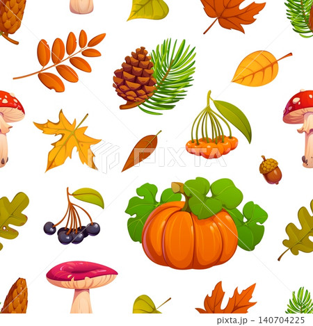 Autumn fall season leaves, mushrooms, berry and acorn seamless pattern. Wrapping paper vector background, seamless print. Repeated details pattern with autumn pumpkin, fungi, tree berries and leaves 140704225