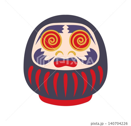 Daruma doll with swirling spiral eyes, red and black round Japanese New Year toy, symbol of luck and perseverance. Traditional Asian talisman for making wishes, goal setting and cultural celebration 140704226