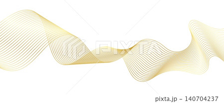 Golden line wave flow background, wavy ribbon or swoosh backdrop. Fluid gold yellow abstract flowing waveform, conveying movement, splash and rhythm. Modern 3d glow overlay golden waves 140704237