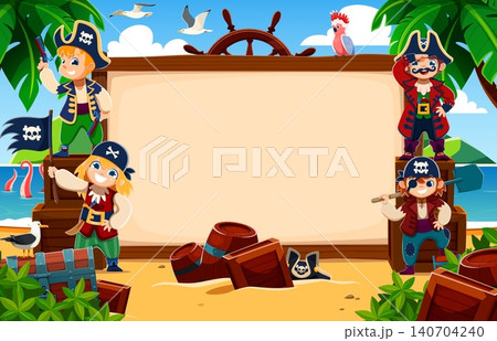 Kids pirates with wooden banner on Caribbean island. Photo frame template with cartoon cheerful children ship crew characters around a wood border on sunny beach with palm trees barrel, treasure chest Kids pirates with wooden banner on Caribbean island. Photo frame template with cartoon cheerful children ship crew characters around a wood border on sunny beach with palm trees barrel, treasure chest 140704240