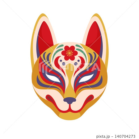 Japanese toy traditional kitsune fox mask with decorative red, blue and gold patterns Cartoon decorative festival and folklore disguise. Noh or kabuki theater item, Asian mythology and anime fox face 140704273