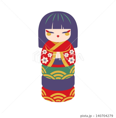 Japanese traditional kokeshi doll in red floral kimono with green and gold layered patterns. Cartoon Asian toy, souvenir, gift, home decor and cultural charm conveying Japan heritage and tradition Japanese traditional kokeshi doll in red floral kimono with green and gold layered patterns. Cartoon Asian toy, souvenir, gift, home decor and cultural charm conveying Japan heritage and tradition 140704279