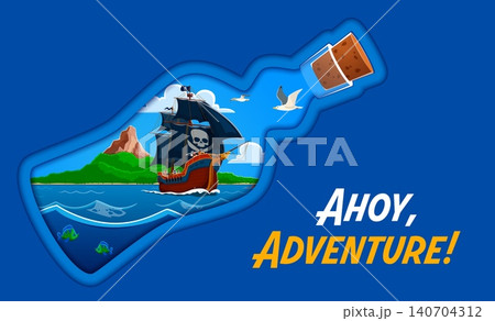 Pirate banner with papercut bottle shape and corsairs sail ship inside 3d paper cut frame. Ahoy Adventure nautical piracy quote, blue sea with rolling waves, island cliff, seagulls and tropical fish 140704312