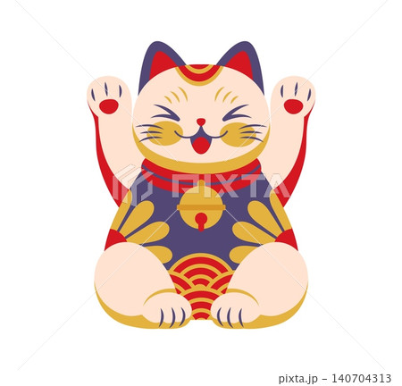 Japanese Maneki Neko lucky cat, traditional beckoning cat, symbol of good fortune and prosperity in Japan culture. Cartoon isolated kitten souvenir with raised paws, Asian patterns and golden bell Japanese Maneki Neko lucky cat, traditional beckoning cat, symbol of good fortune and prosperity in Japan culture. Cartoon isolated kitten souvenir with raised paws, Asian patterns and golden bell 140704313