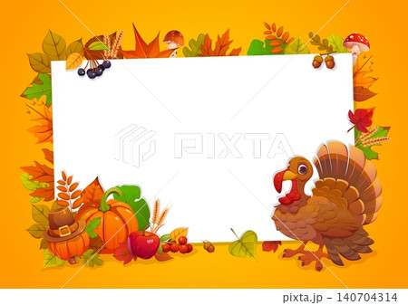 Happy Thanksgiving day holiday banner with funny turkey, autumn harvest and leaves, berries and mushrooms. Autumn celebration vector flyer, Thanksgiving holiday greeting card. Fall harvest banner 140704314