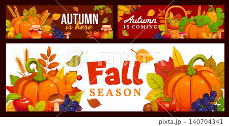 Autumn season banners with fall season harvest and tree leaves. Fall season flyer, Thanksgiving banner. Autumn greeting card with pumpkin vegetables, mushrooms and berries, forest leaves and honey Autumn season banners with fall season harvest and tree leaves. Fall season flyer, Thanksgiving banner. Autumn greeting card with pumpkin vegetables, mushrooms and berries, forest leaves and honey 140704341