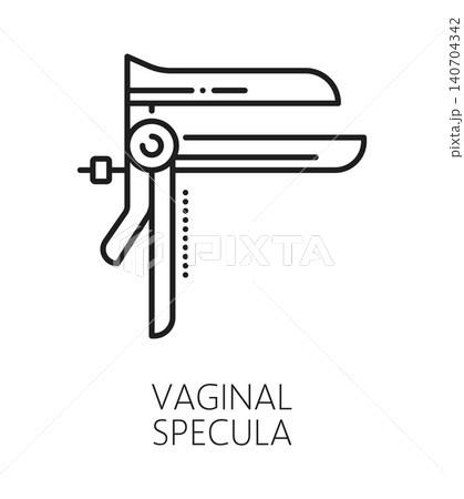 Gynecology exam equipment, medicine tool line icon. Urinary healthcare lineart pictogram, woman reproductive system health vector icon. Pregnancy medicine symbol with gynecology vaginal speculum 140704342
