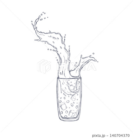 Glass of water with ice cube splashing vector illustration in engraving style. Hand drawn liquid movement line art black ink sketch. Refreshing cold drink, summer beverage, healthy hydration concept 140704370