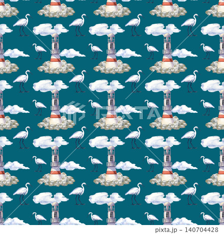 Watercolor seamless pattern with coastal lighthouses on stones, white herons, and clouds on a dark turquoise background. Marine background design perfect for nautical textile, summer fabric print, and Watercolor seamless pattern with coastal lighthouses on stones, white herons, and clouds on a dark turquoise background. Marine background design perfect for nautical textile, summer fabric print, and 140704428