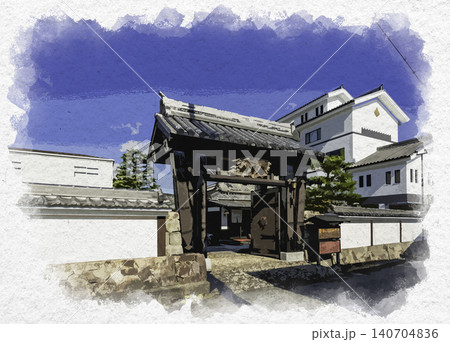 水彩画風　丹波篠山の町並み　篠山観光ホテル　兵庫県丹波篠山市 140704836