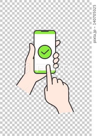 An illustration showing a checkmark on a smartphone screen indicating that payment has been completed (green, cashless, operation material). An illustration showing a checkmark on a smartphone screen indicating that payment has been completed (green, cashless, operation material). 140705025