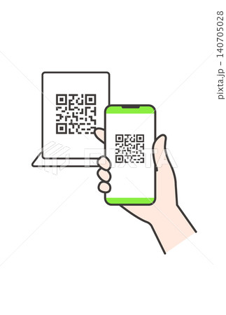 店頭の卓上POPのQRコードをスマートフォンで読み取る決済・案内のイラスト(緑色・キャッシュレス素材 店頭の卓上POPのQRコードをスマートフォンで読み取る決済・案内のイラスト(緑色・キャッシュレス素材 140705028