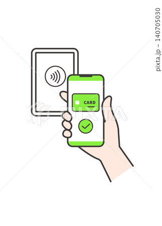 スマートフォンのカード画面を決済端末にかざすタッチ決済のイラスト(緑色・キャッシュレス・非接触素材) スマートフォンのカード画面を決済端末にかざすタッチ決済のイラスト(緑色・キャッシュレス・非接触素材) 140705030
