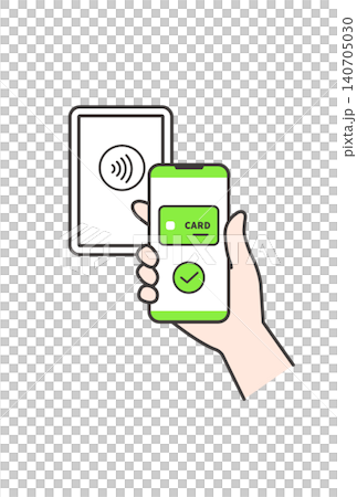 スマートフォンのカード画面を決済端末にかざすタッチ決済のイラスト(緑色・キャッシュレス・非接触素材) スマートフォンのカード画面を決済端末にかざすタッチ決済のイラスト(緑色・キャッシュレス・非接触素材) 140705030