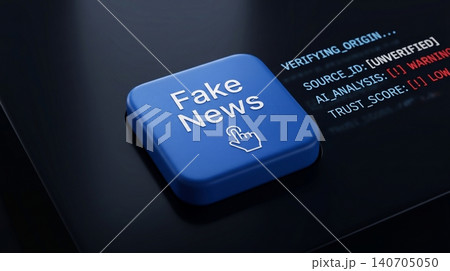 A blue digital button labeled fake news sits on a dark console interface with system warnings about unverified sources and low trust scores in the background A blue digital button labeled fake news sits on a dark console interface with system warnings about unverified sources and low trust scores in the background 140705050