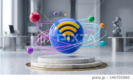 3d render of a golden wi fi symbol floating above a marble pedestal with colorful orbiting spheres in a modern blurred office space for connectivity 140705060
