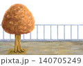 柵が立つ道と紅葉した木の風景素材 140705249
