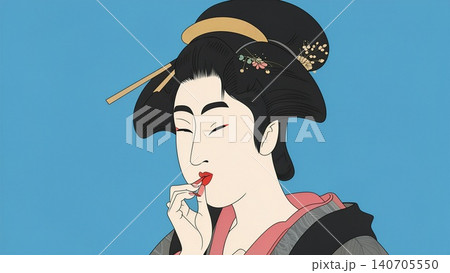 A detailed description of a geisha applying lipstick. 140705550