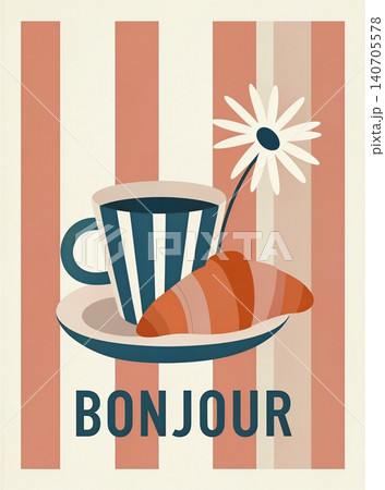A charming illustration depicting a Parisian-style breakfast scene. 140705578