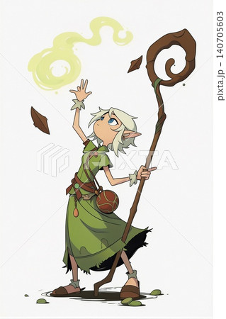 A young elf apprentice is casting a spell, surrounded by leaves. A young elf apprentice is casting a spell, surrounded by leaves. 140705603
