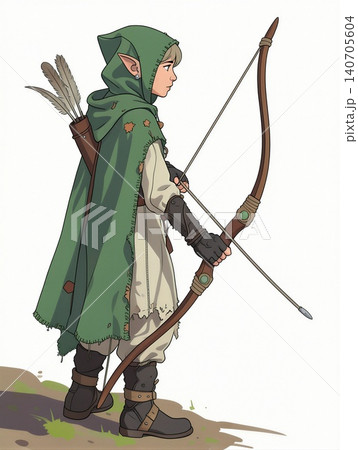 A young archer stands poised with a drawn bow, ready for the hunt. 140705604