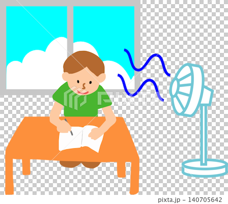 一個男孩在做暑假作業的插圖 140705642