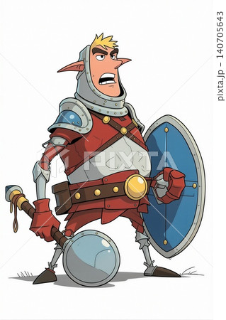 A full-body illustration of a cartoon knight in shining armor, wielding a hammer and shield. A full-body illustration of a cartoon knight in shining armor, wielding a hammer and shield. 140705643