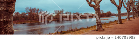 Sycamore alley along the river at sunset. Embankment of Laura river in early spring. Digoin, France 140705988